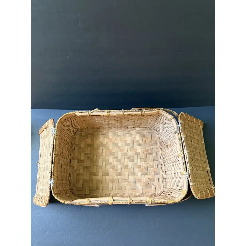 Vintage Bamboo Covered Basket Hinged Top Sewing Picnic Storage Woven Two Handle